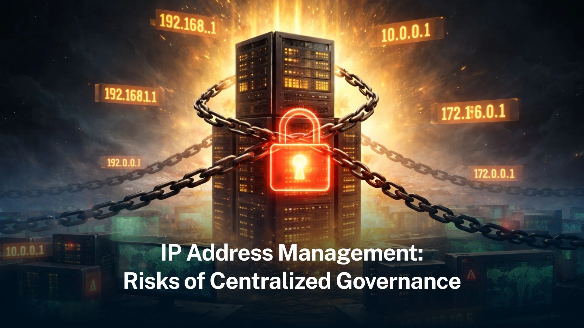 Original illustration of a server bound by chains and a glowing padlock, surrounded by address labels.