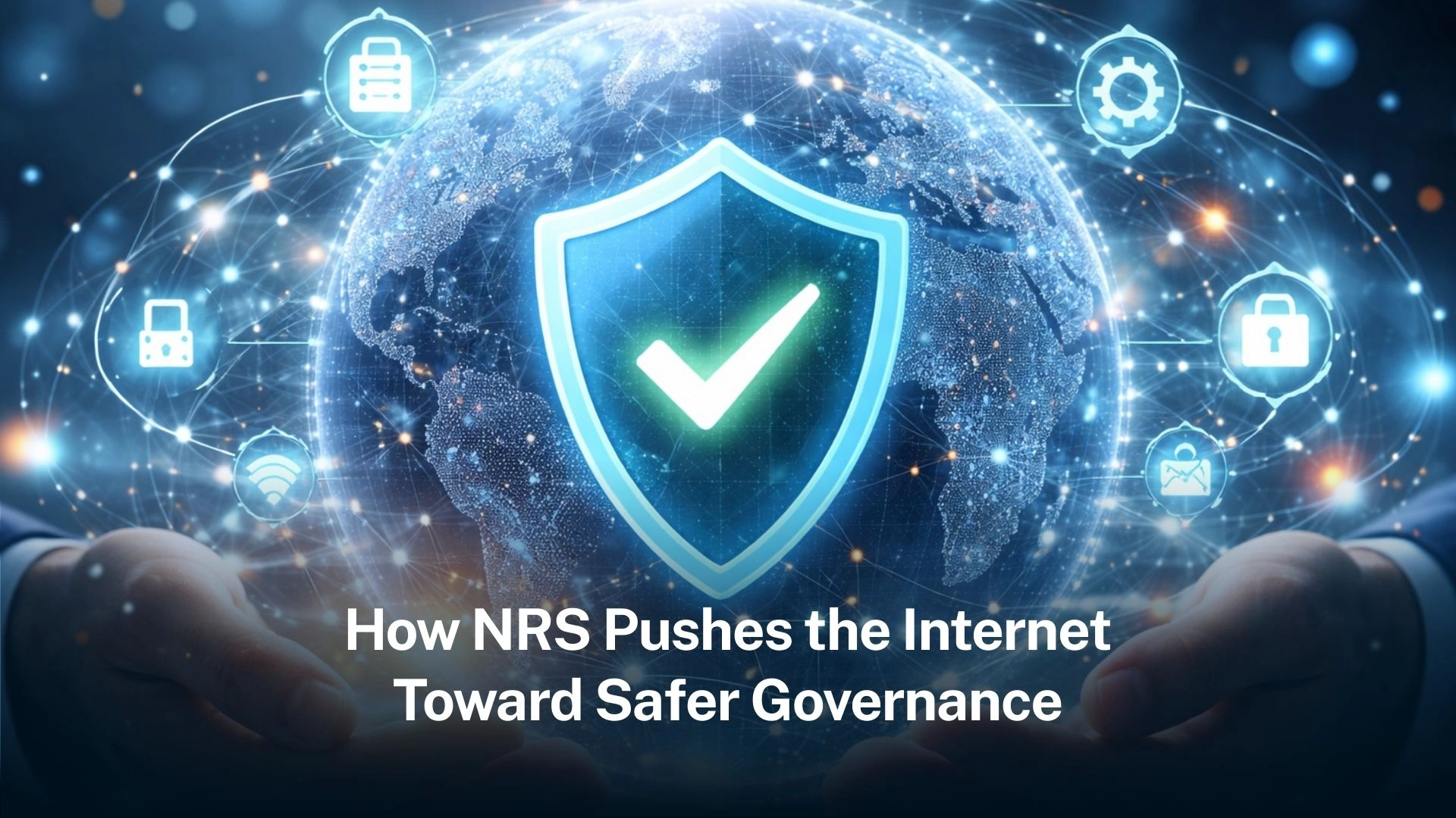 A globe surrounded by network symbols, with a shield at its centre.