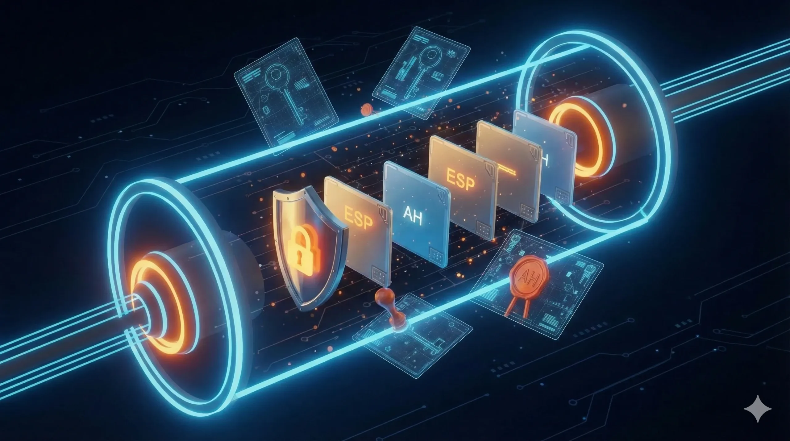 Conceptual illustration of how IPsec works, featuring a digital tunnel representing IKE negotiation, shielded data packets symbolizing ESP encryption